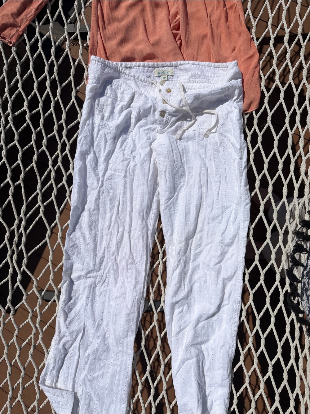 Sundance White Embroidered Drawstring Straight-Leg Pants